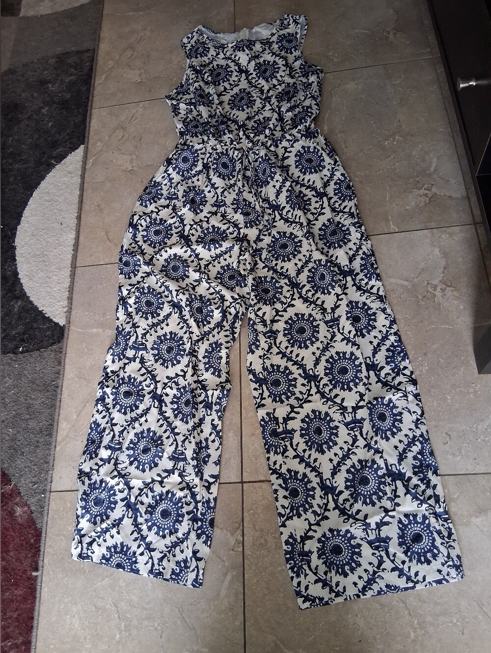 Sleeveless Printed Wide-Leg Jumpsuit - Blue/White